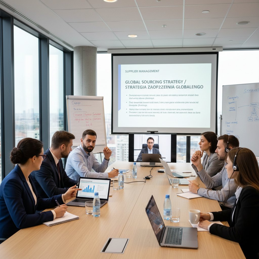 Dwujęzyczne spotkanie negocjacyjne w sali konferencyjnej — polski i zagraniczny zespół, zarządzanie dostawcami