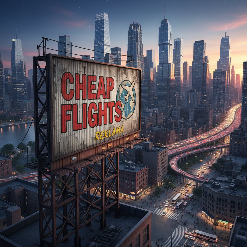 Billboard reklamowy z hasłem o tanich lotach na tle ruchliwego miasta