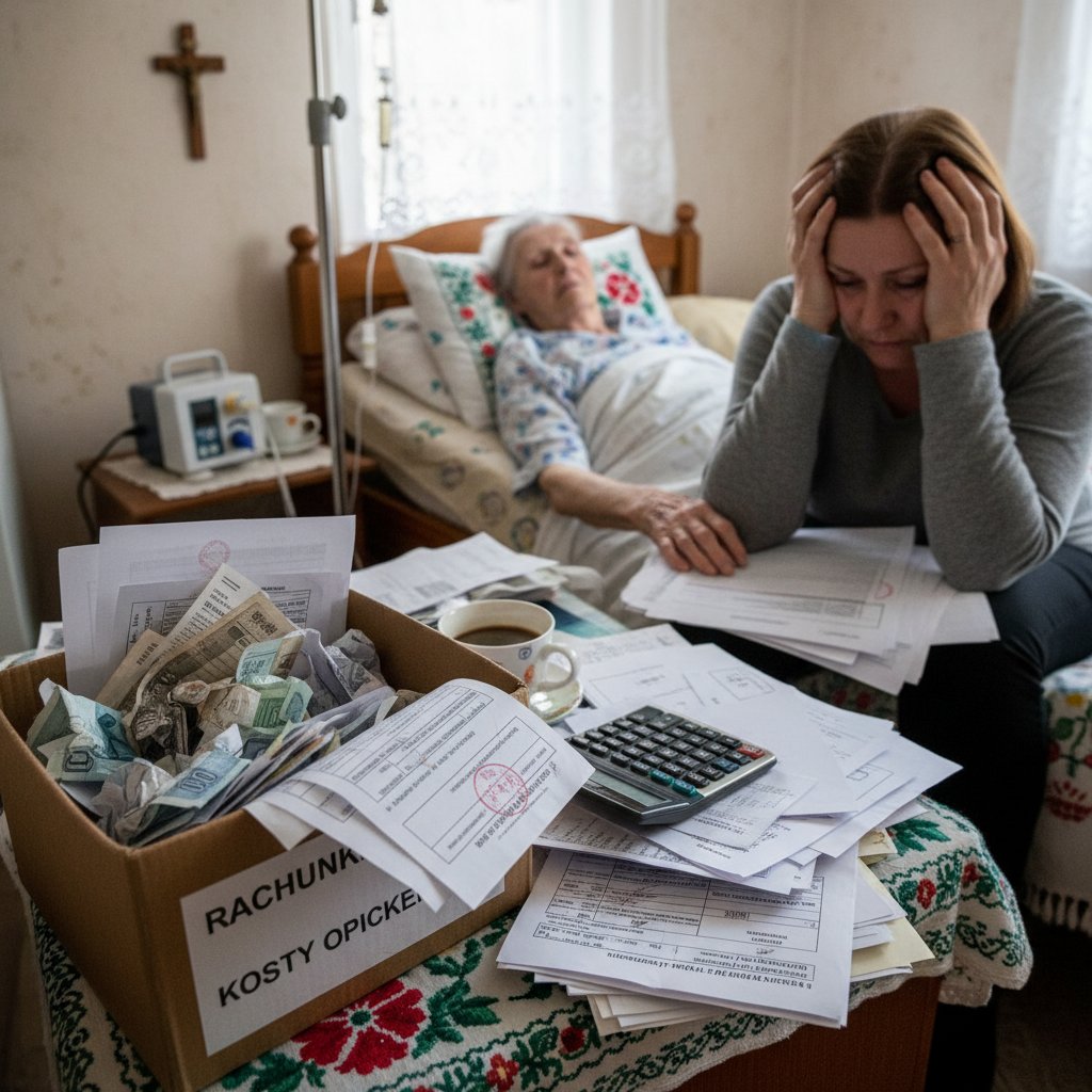 Stos rachunków i dokumentów, realne koszty opieki nad osobą leżącą w Polsce