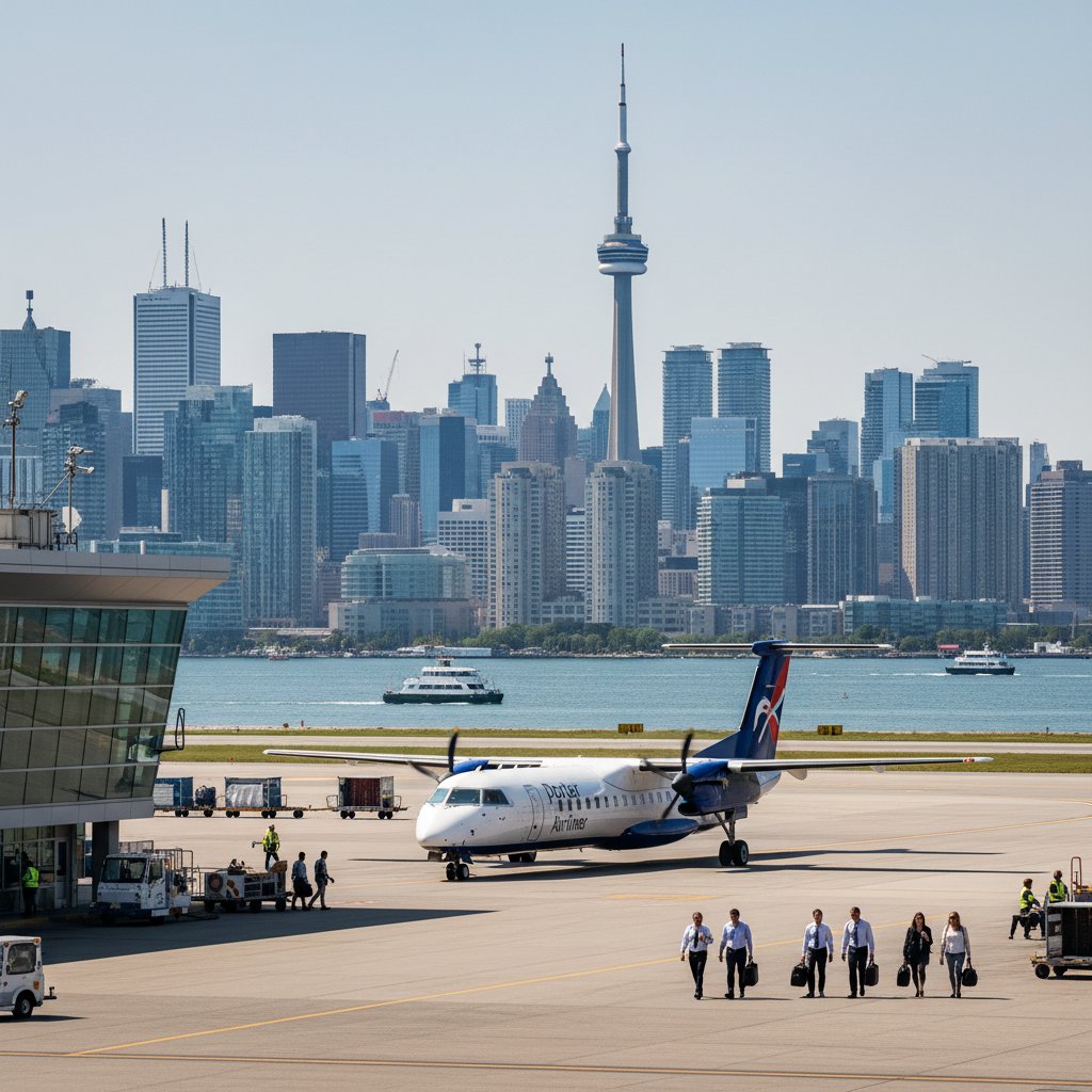 Billy Bishop terminal, passengers with city skyline, Billy Bishop Airport, Porter Airlines flights
