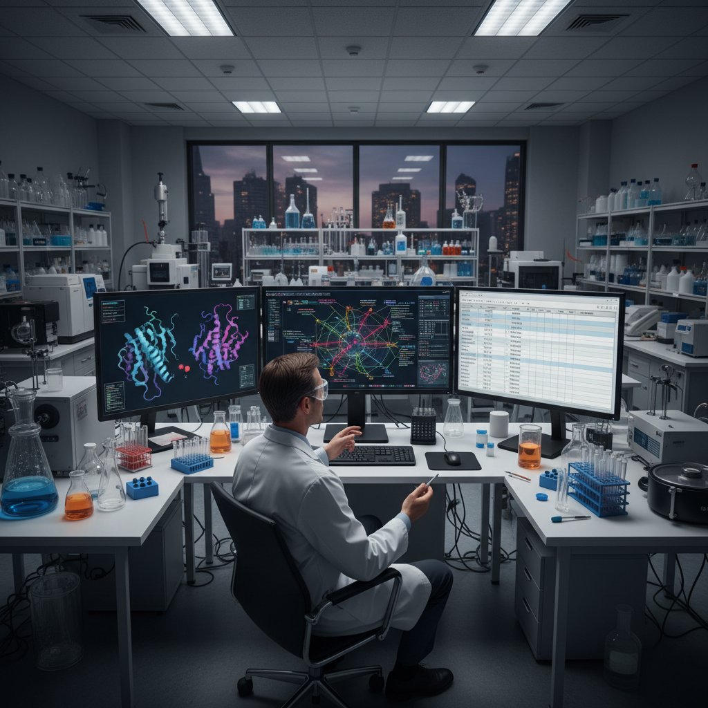 Zdjęcie laboratorium biochemicznego, naukowiec przy komputerze analizuje wyniki proteomiki, na ekranie wizualizacje struktur enzymów