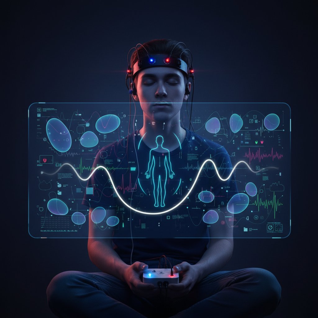 Młoda osoba w ciemnym pokoju otoczona sensorami biofeedback z wyraźnym skupieniem na ekranie