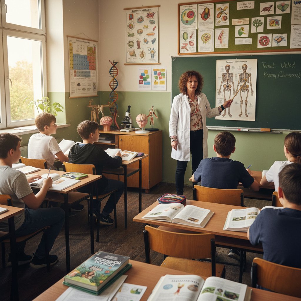 Nauczyciel biologii podczas lekcji w polskiej klasie, tablica pełna notatek, uczniowie z podręcznikami