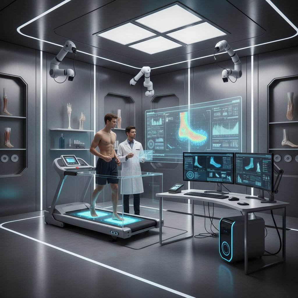 Nowoczesne laboratorium biomechaniki stopy, specjalista analizuje ruch na komputerze, białe wnętrze