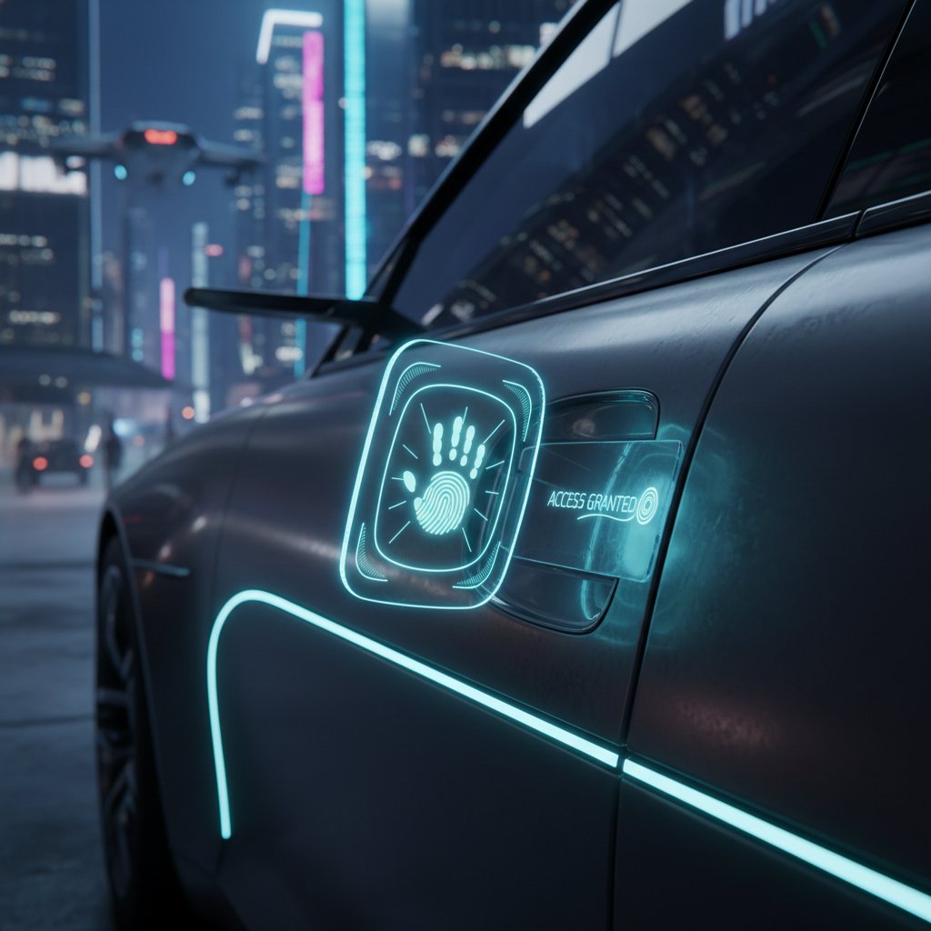 Futuristic style: Hand with fingerprint scanner above glowing car door interface, representing biometric keyless entry innovation