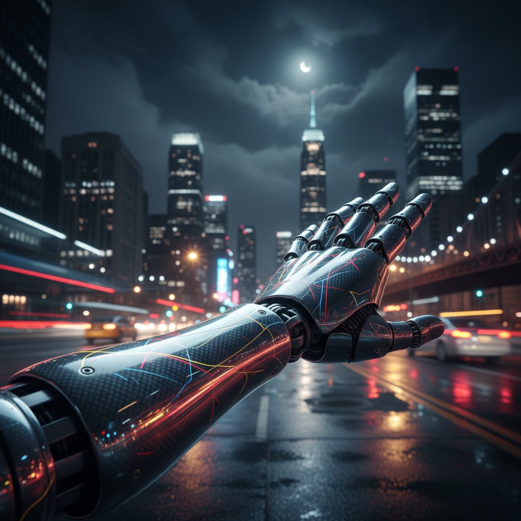 Refleksyjny portret osoby z bioniczną protezą na tle miasta – symbol granicy człowieczeństwa