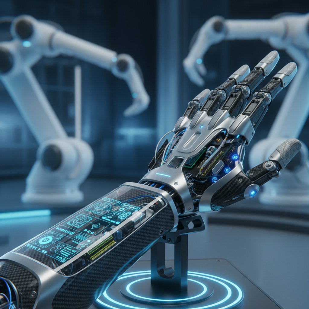 Rozłożona proteza bioniczna: widoczne mikroprocesory, czujniki oraz części mechaniczne