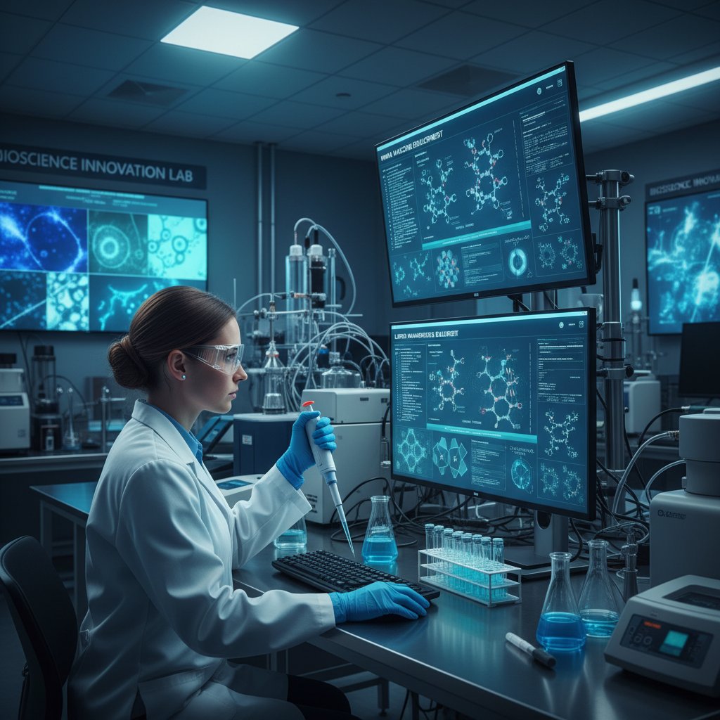 Laboratorium biotechnologiczne – naukowiec pracuje nad szczepionką mRNA, widoczne ekrany komputerów