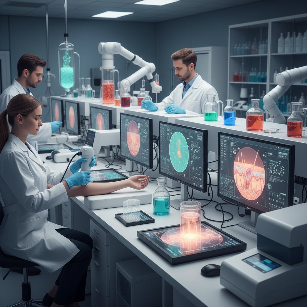 Laboratorium biotechnologiczne, naukowcy analizujący skórę, nowoczesny sprzęt medyczny
