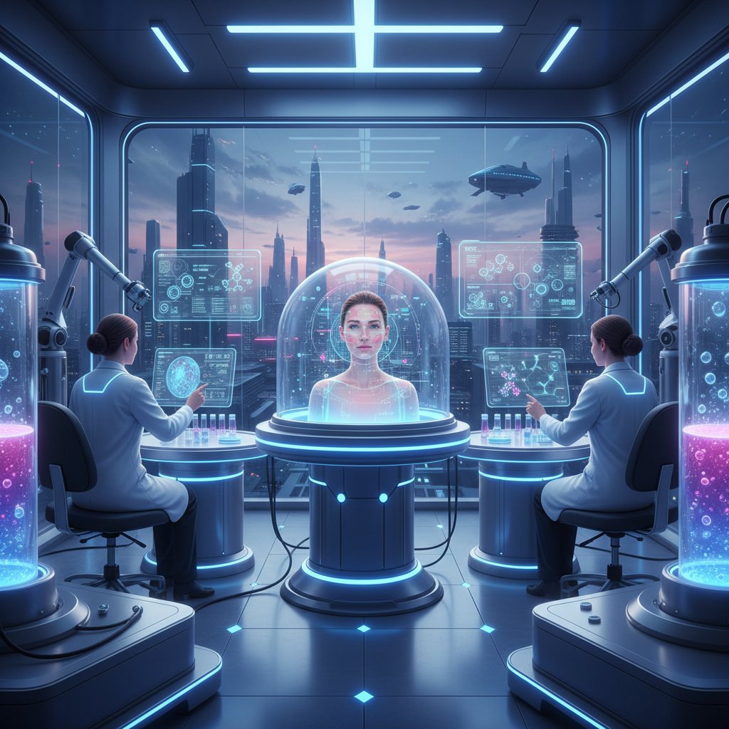 Zdjęcie laboratorium biotechnologicznego, lekarze analizują skórę, słowa kluczowe: rozstępy, przyszłość, technologia