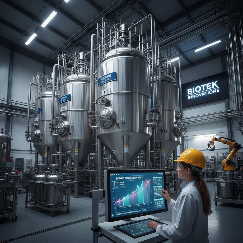 Zdjęcie zakładu biotechnologicznego – inżynier przy komputerze nadzoruje fermentory, na ekranie wykresy produkcji enzymów