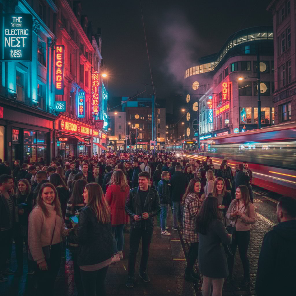 Birmingham city center nightlife with neon lights and energetic crowd