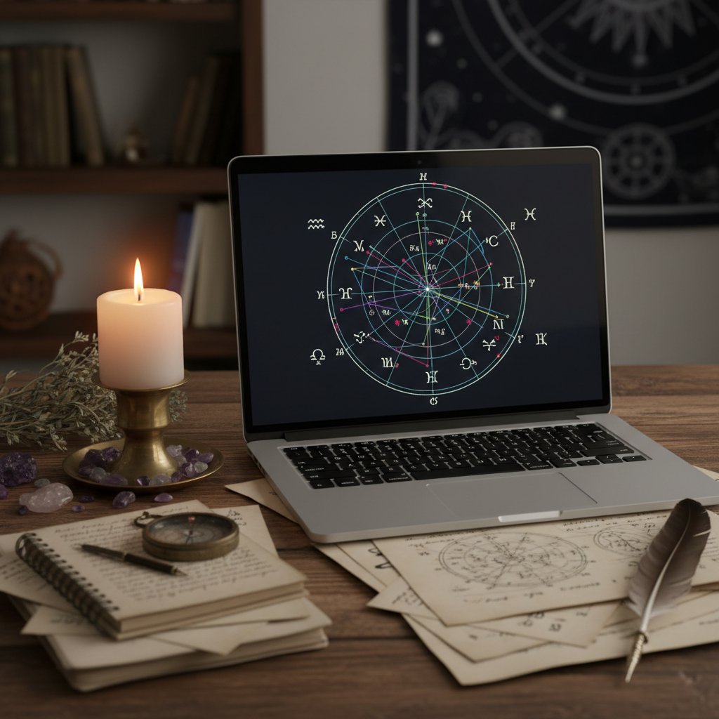 Stół z rozłożonym kosmogramem, laptop, świeca, notatki z astrologii