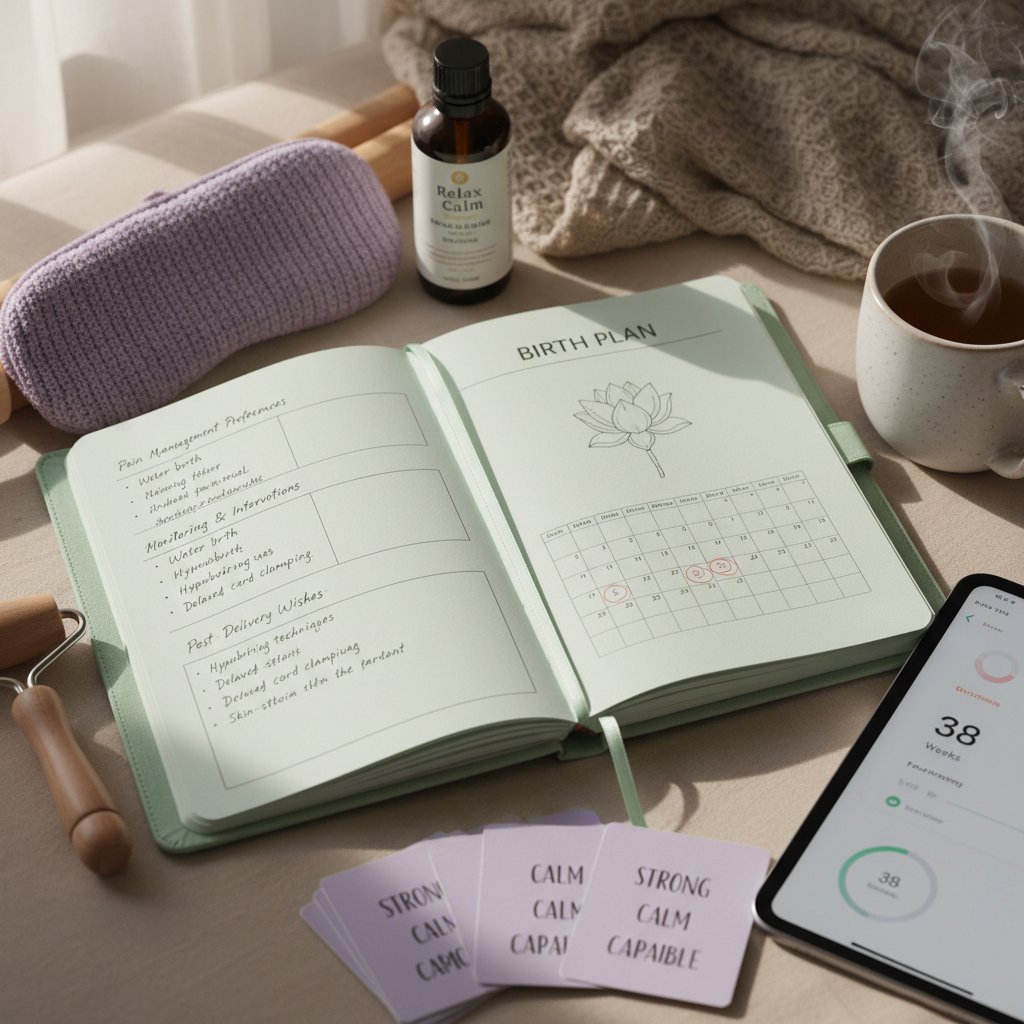 Zbliżenie na zeszyt z planem porodu, notatki i długopis na stole, narzędzia wsparcia w ciąży