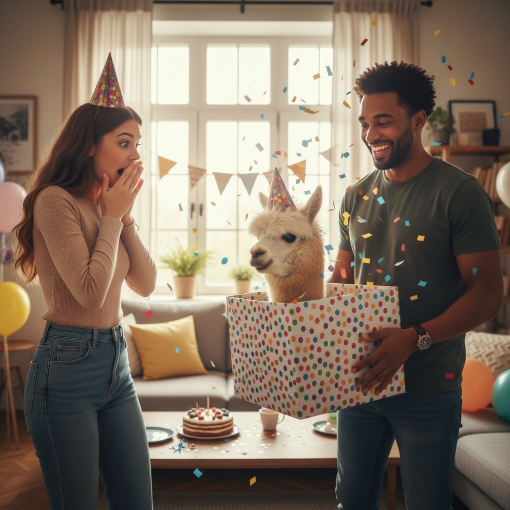 Zaskoczony solenizant otwierający nietuzinkowy prezent na urodziny