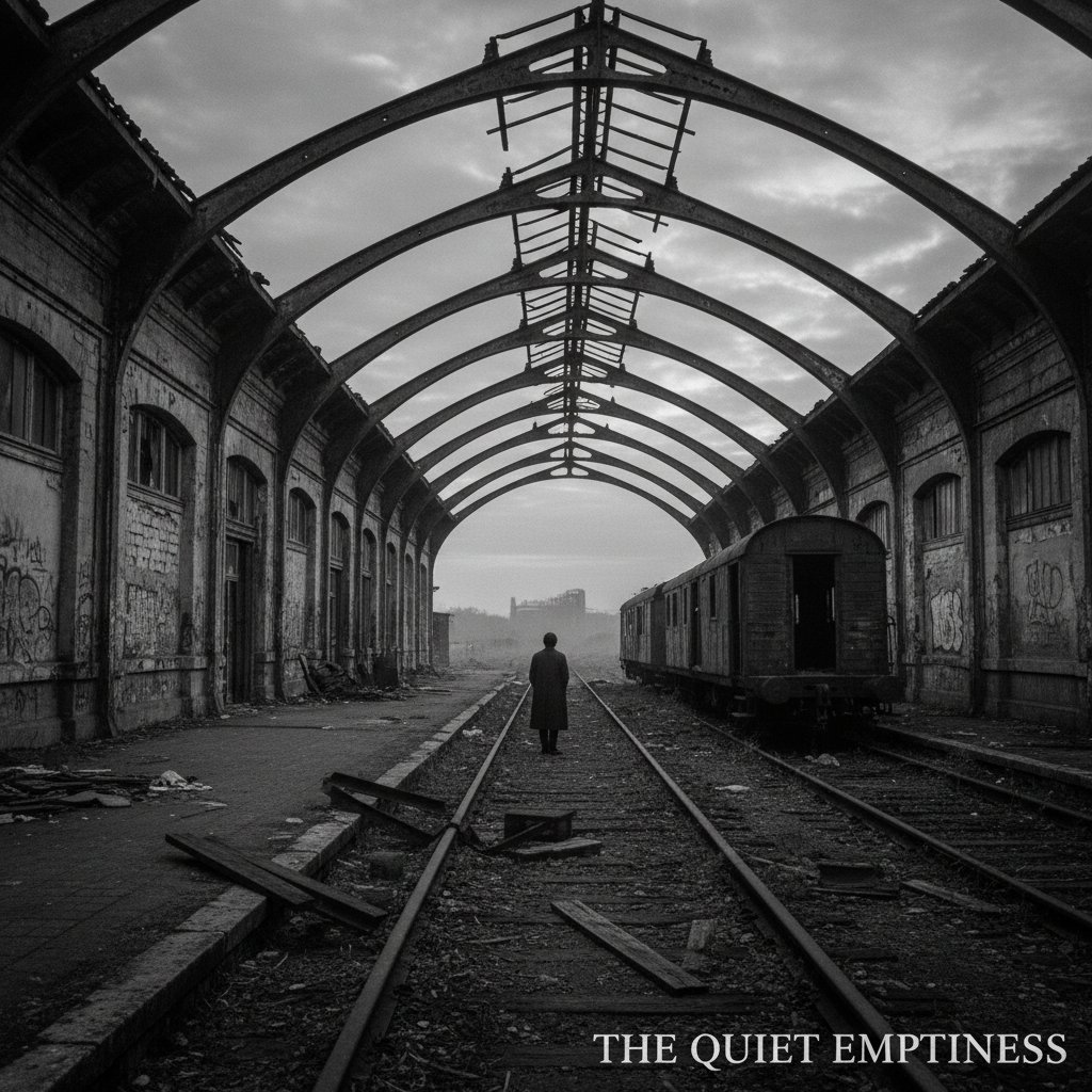 European existential film mood at deserted station, black-and-white photo