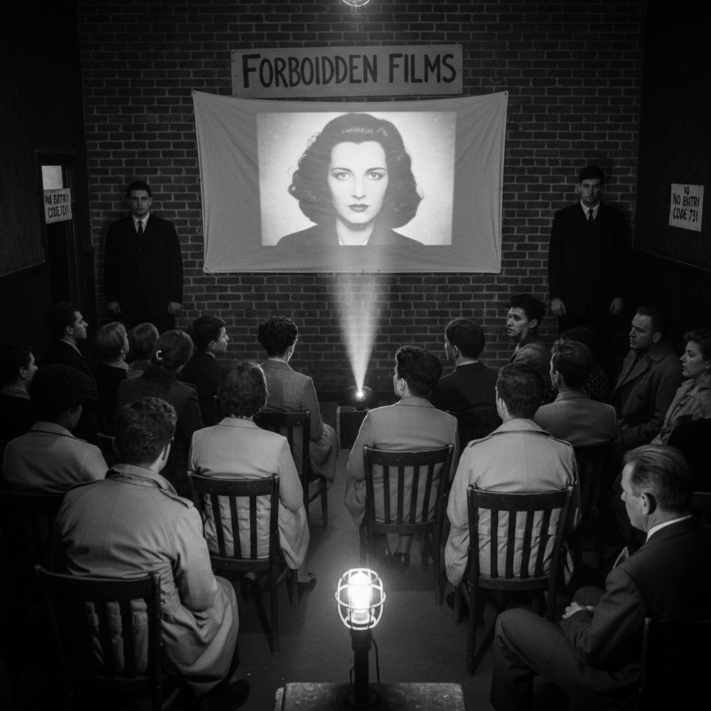 Black-and-white photo recreation of a banned film screening, 16:9