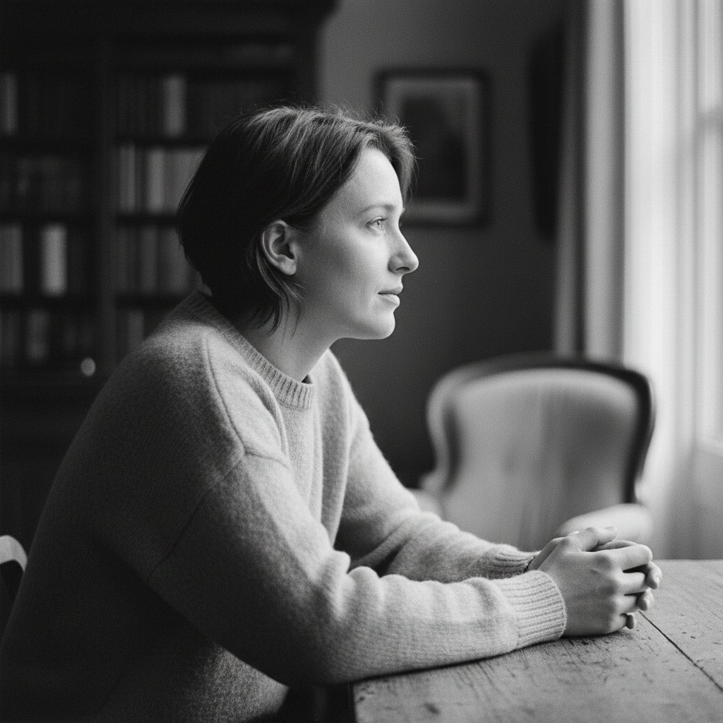 Czarno-biały portret, zamyślona osoba odwraca wzrok — refleksja, psychologiczne skutki wstydu, introspekcja