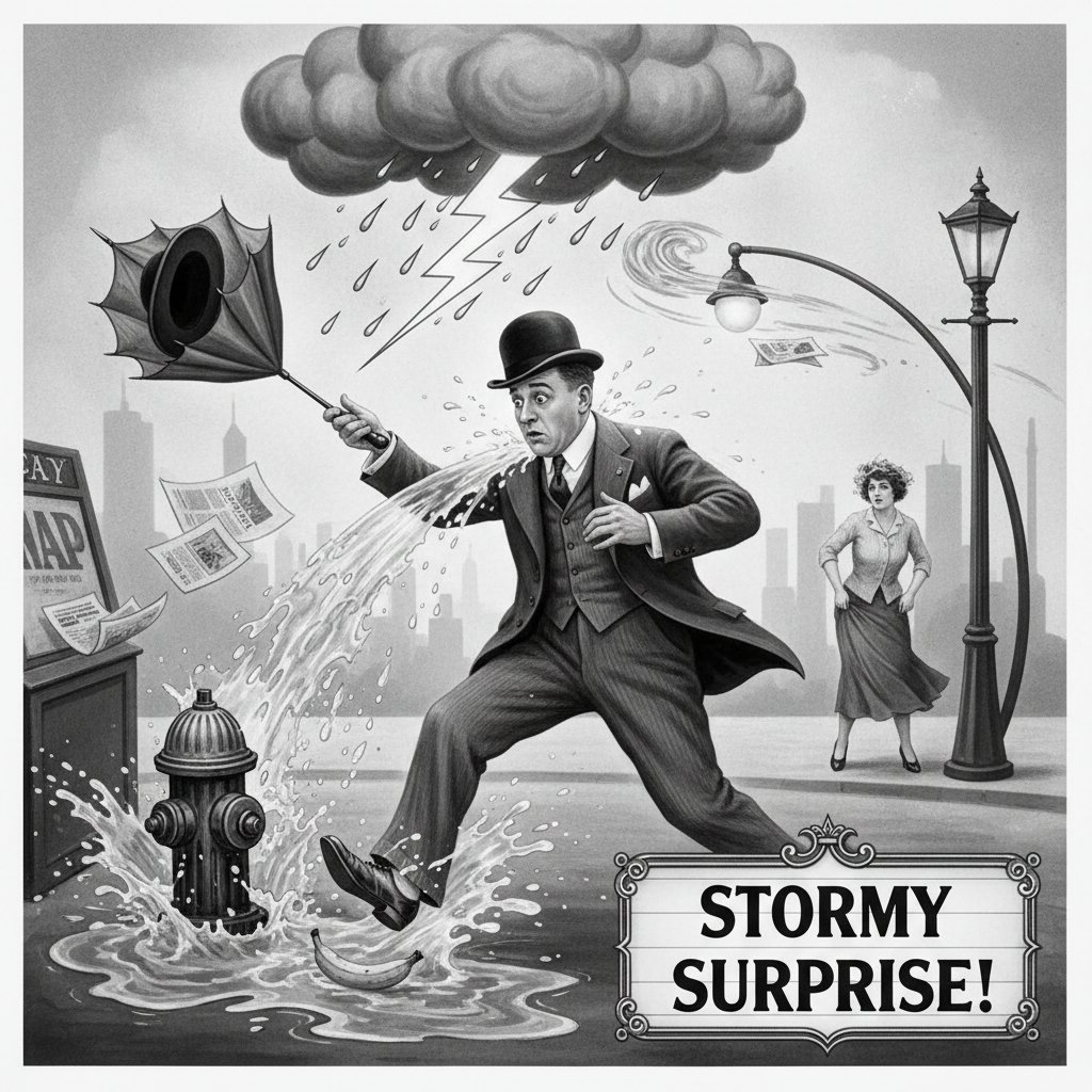 Black-and-white photo of early slapstick weather comedy, movie weather comedy cinema
