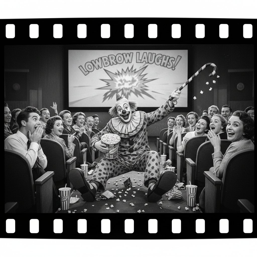 Black and white clown tripping with modern audience in background lowbrow cinema