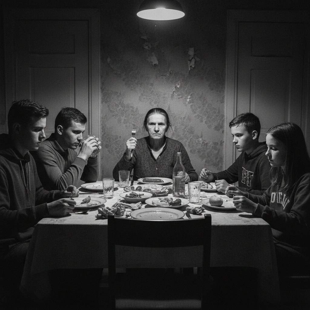 Czarno-białe zdjęcie rodzinnego obiadu: napięcie pod powierzchnią, polska rodzina, narcystyczny ojciec