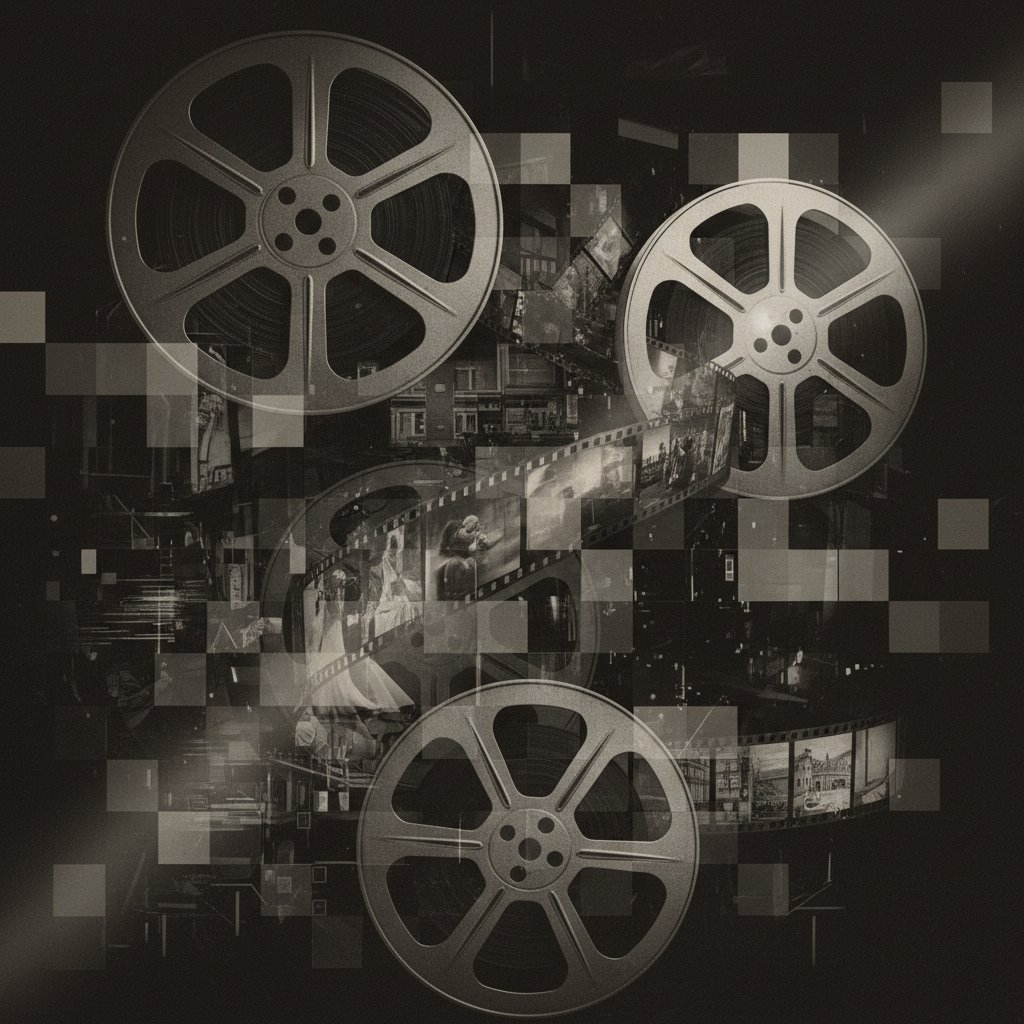 Black and white film reels dissolving into digital pixels, representing movie transformation cinema