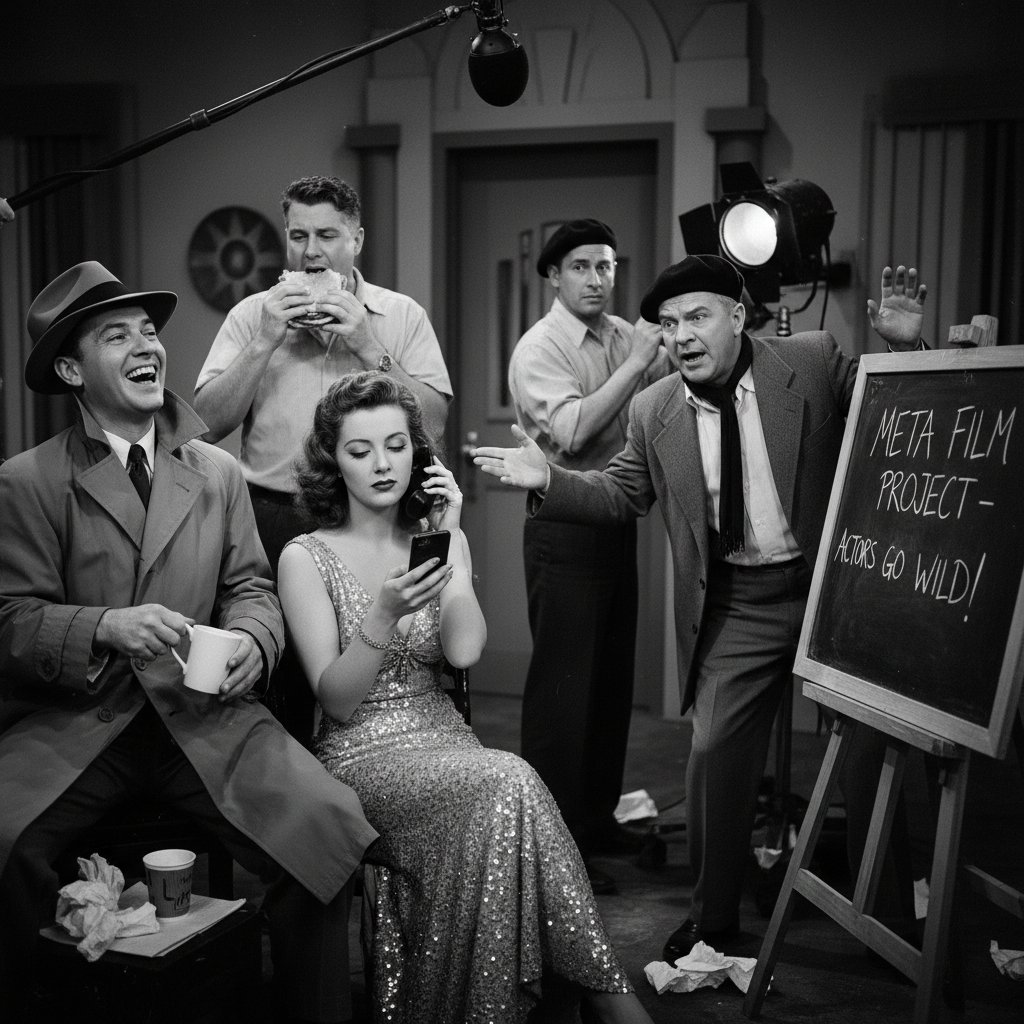 Black-and-white film set with actors breaking character and laughing, playful meta comedy mood