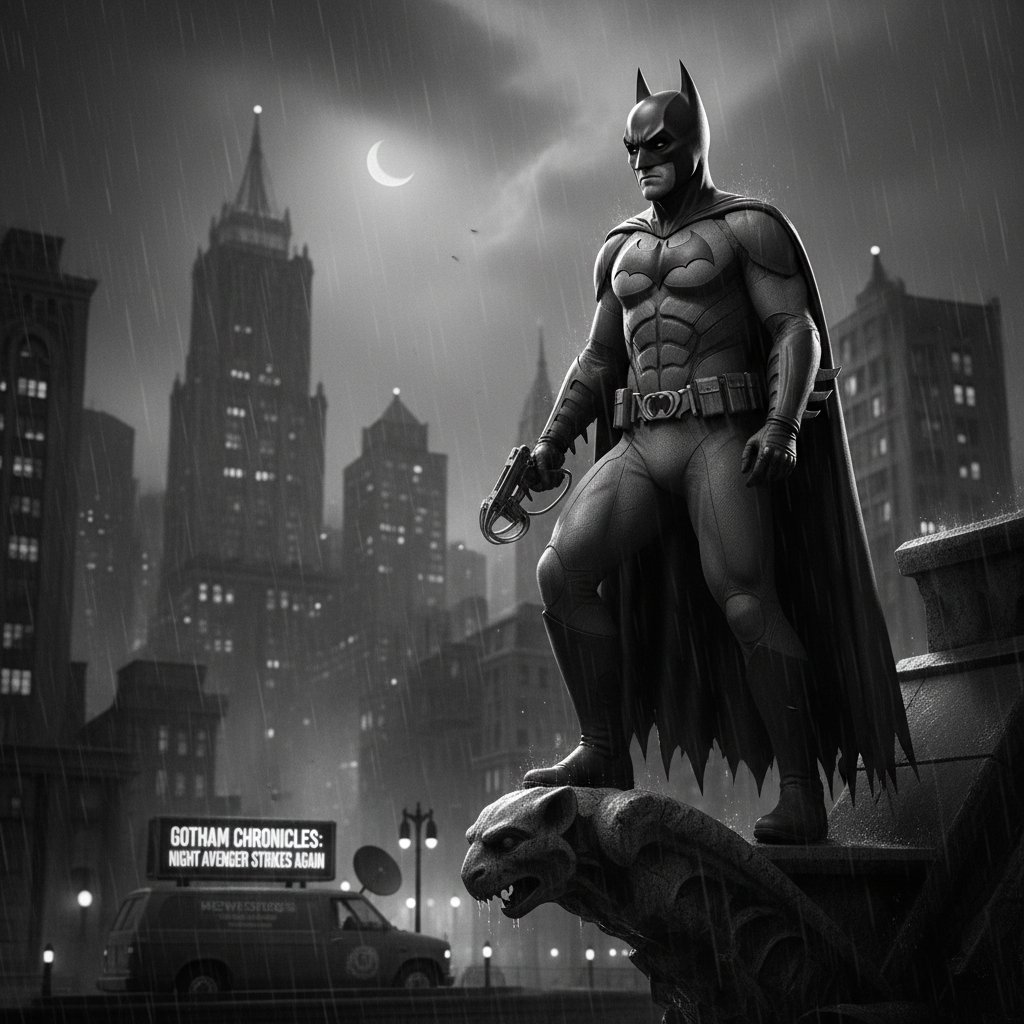 Black-and-white film still recreation: movie secret identity movies, classic hero on rooftop, vintage city