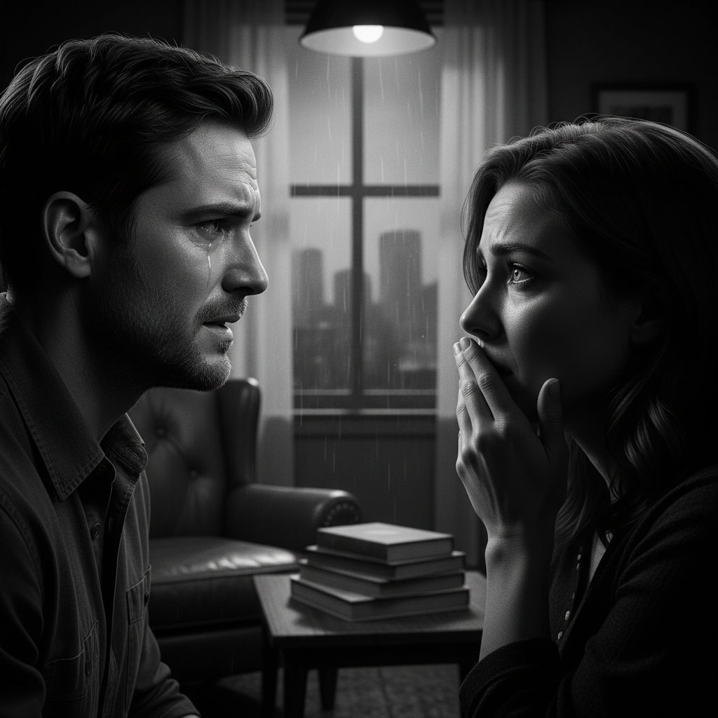 Evocative black-and-white dramatic movie scene reimagined with contemporary actors, expressive faces, chiaroscuro lighting