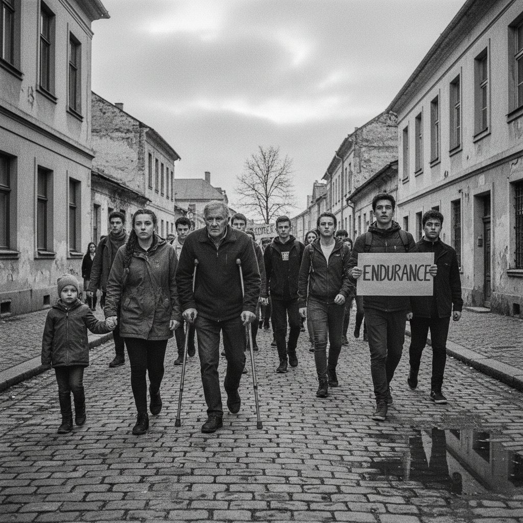 Ludzie po kryzysie psychicznym wracający do społeczeństwa, czarno-białe zdjęcie, ulica, wytrwałość