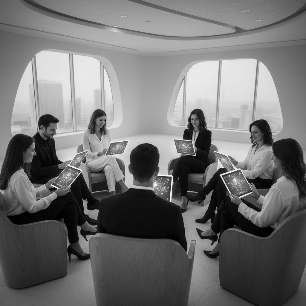 Historischer Vergleich zwischen traditioneller Gruppensitzung und moderner App-Anwendung, Schwarz-Weiß-Aufnahme einer 80er-Jahre-Therapiegruppe neben moderner App-Nutzung