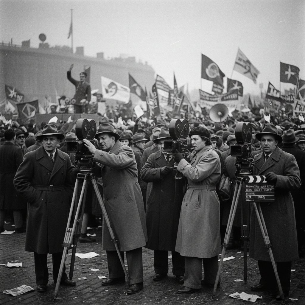Black-and-white photo of wartime film crew shooting dramatic rally scene, vintage attire, intense atmosphere