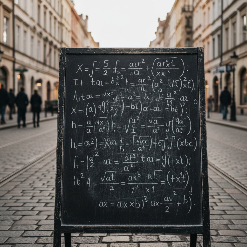 Czarna tablica z równaniami przechodząca w ulicę polskiego miasta, symbolizująca utracone tradycje analityczne