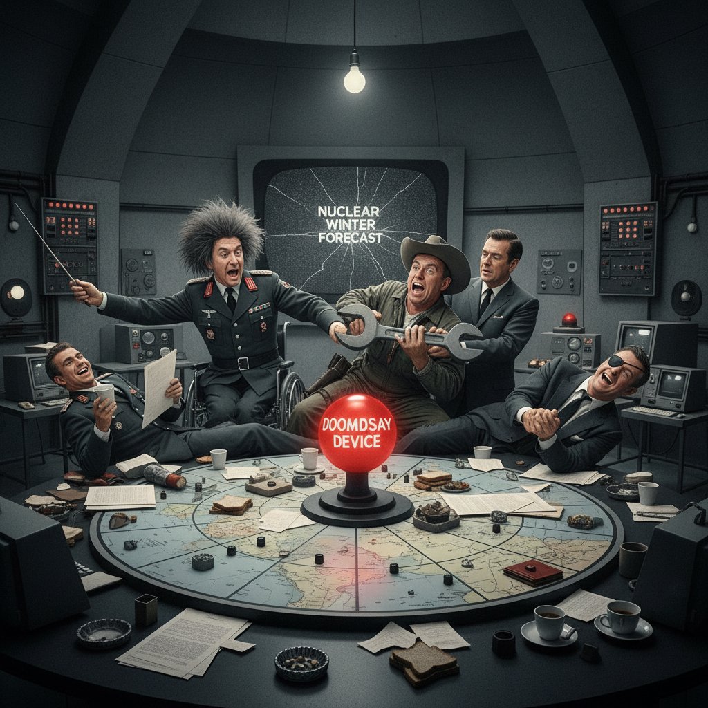 Classic black comedy movie scene: ensemble cast, ironic laughter, war room table