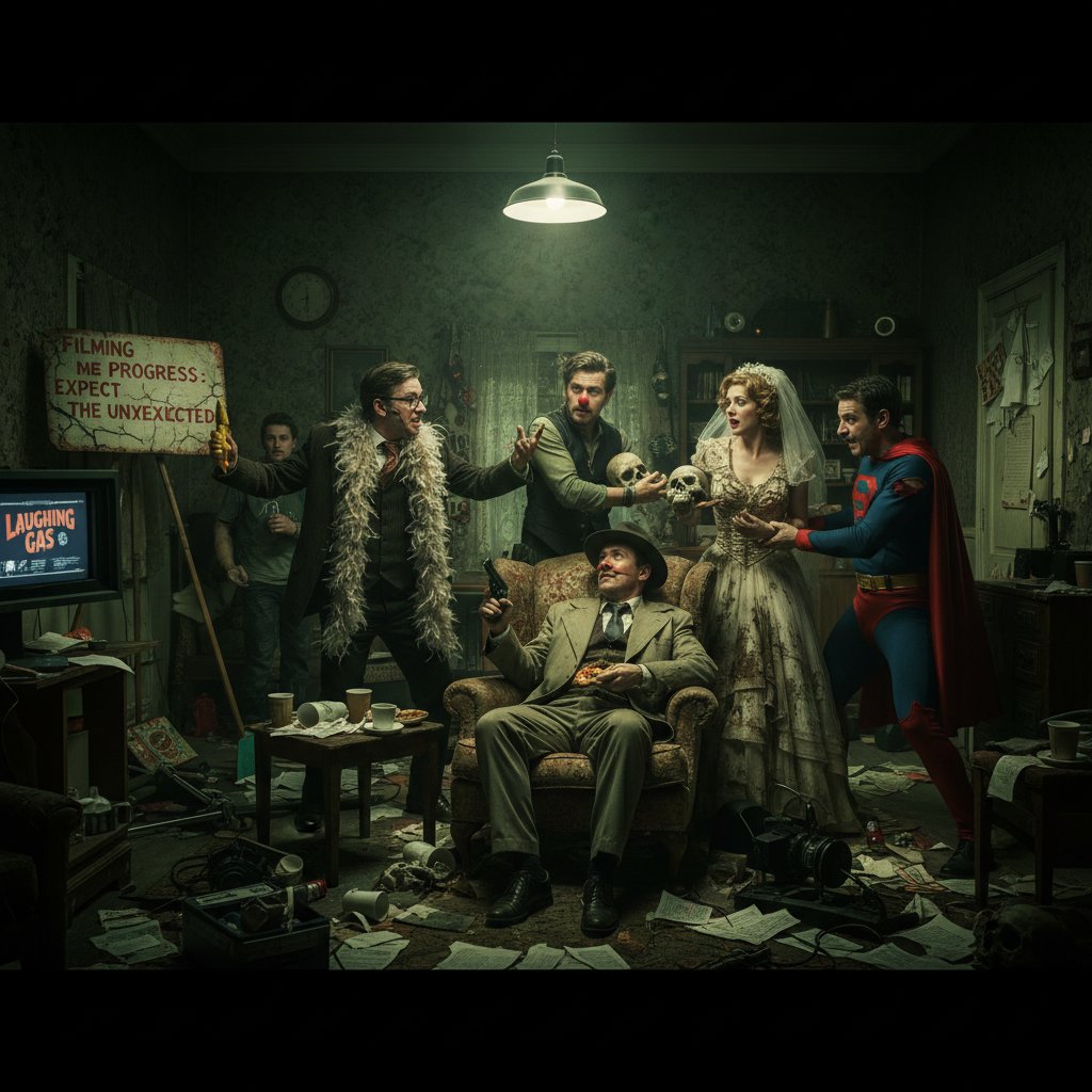 Black comedy movie cast in chaotic, smoky room, laughing with dark humor props