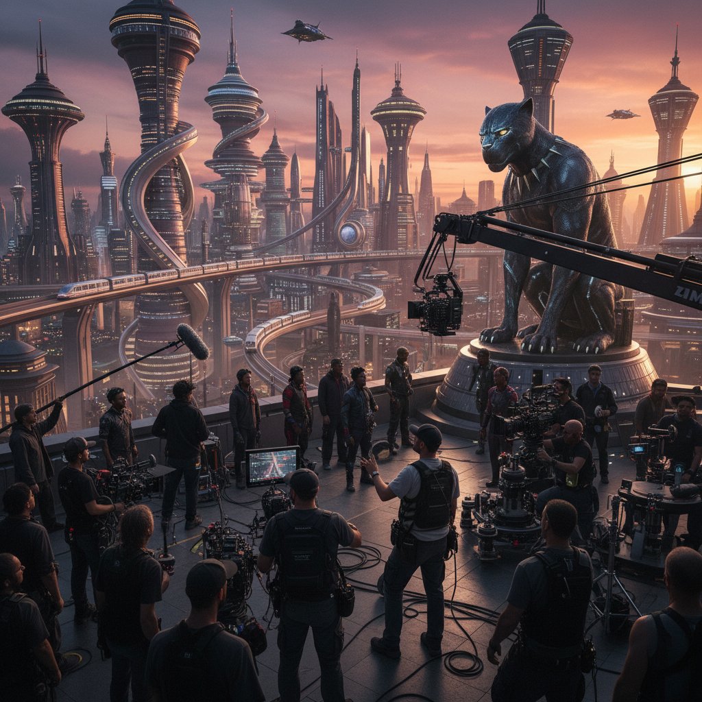 Black Panther production team creating Wakanda cityscape, vibrant and bustling crew on set