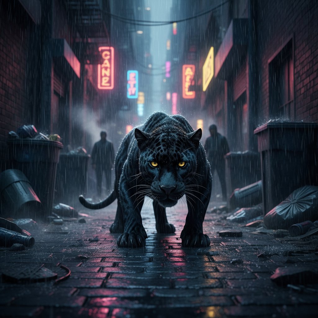 Black panther prowling in a rain-soaked alley, suspenseful and edgy neo-noir style