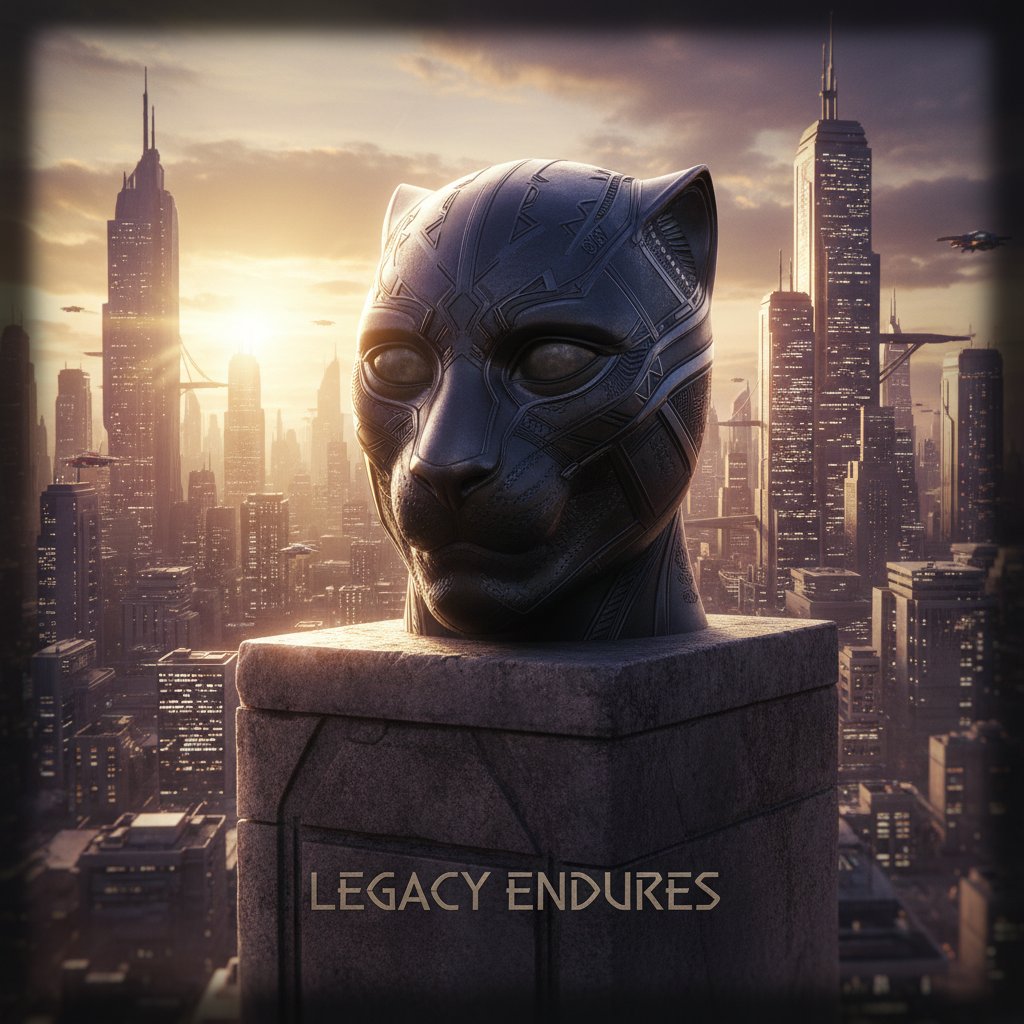 Symbolic Black Panther mask fading into city skyline at sunrise, legacy enduring in culture