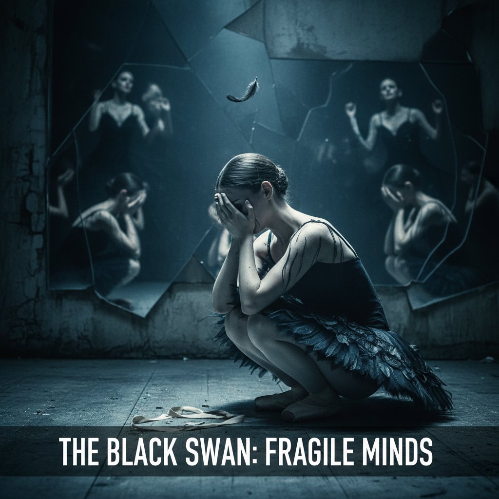 Ballet and breakdown in Black Swan, artistic still of ballerina unraveling, psychological thriller