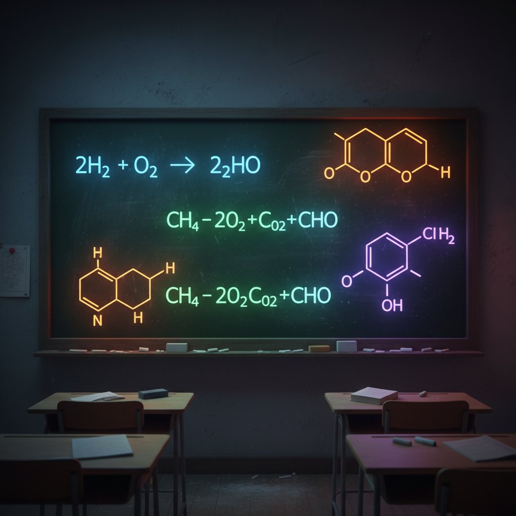 Tablica z trudnymi równaniami chemicznymi, z neonowym światłem, symbolizująca chaos stechiometrii.