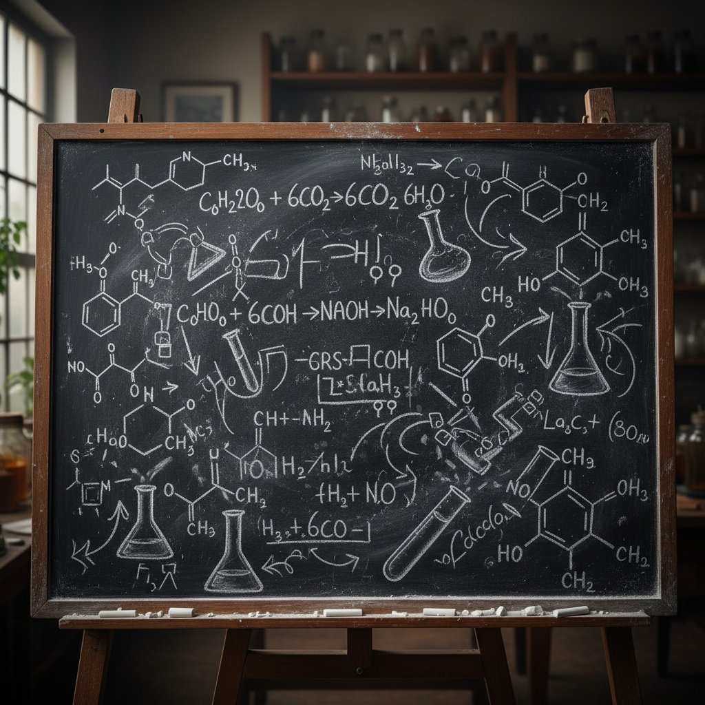 Tablica pełna chaotycznych wzorów chemicznych – symbol zamieszania podczas nauki chemii organicznej