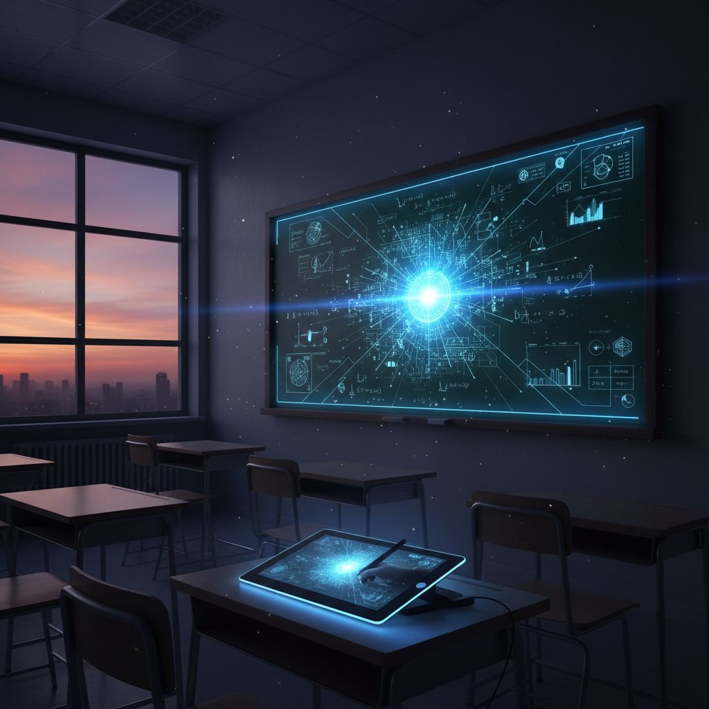 Przemiana tradycyjnej tablicy w cyfrowy tablet w polskiej szkole, symbolizująca mastering online korepetycje