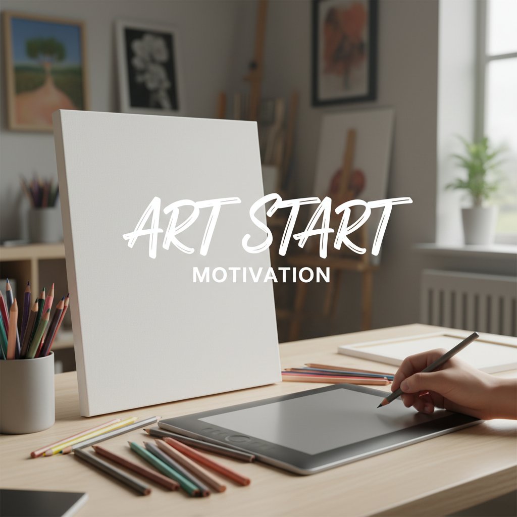 Pusta kartka, tablet i kredki – gotowość do rozpoczęcia nowej przygody plastycznej online, motywacja i symboliczny start