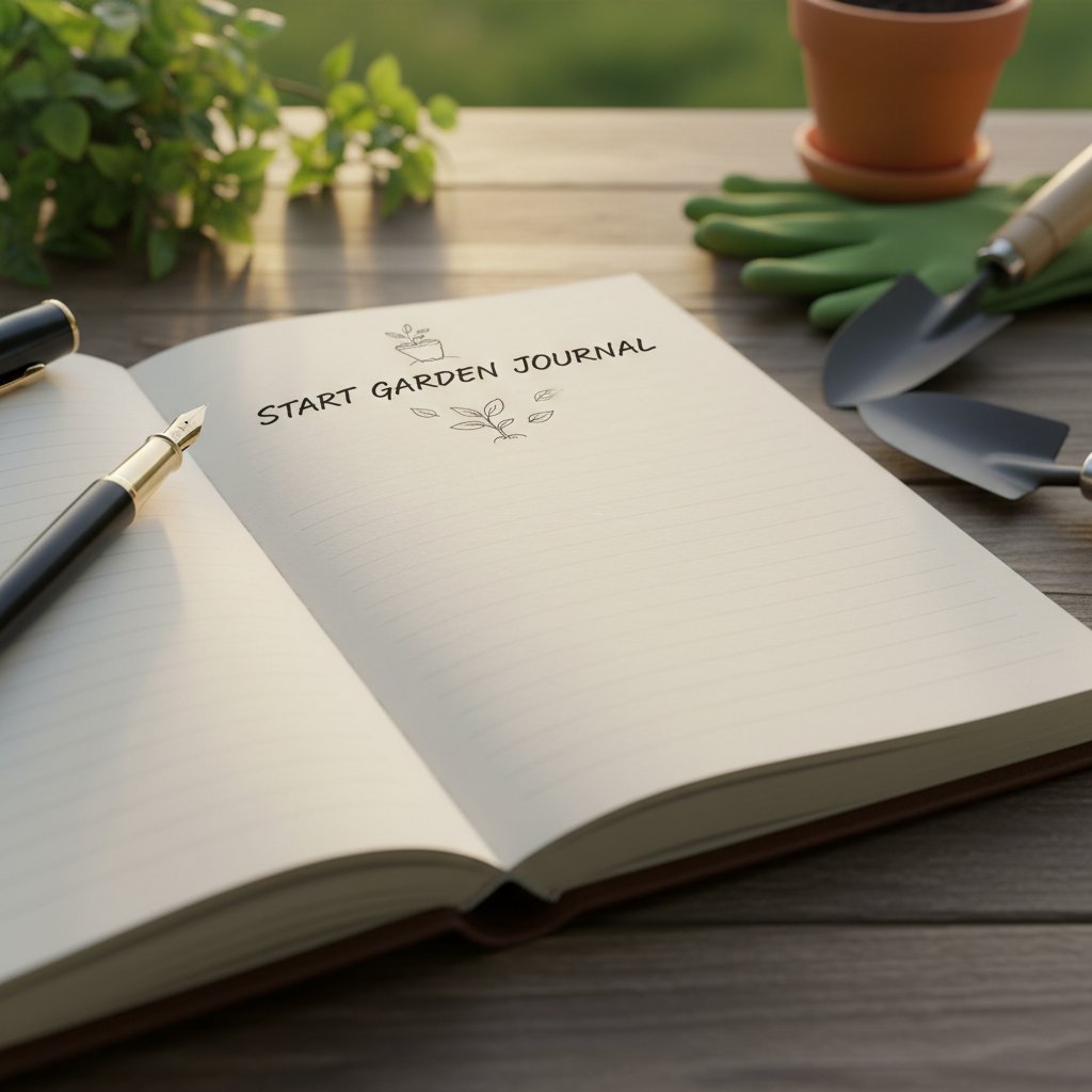 Pusta pierwsza strona dziennika i dłoń z piórem – początek przygody, jak zacząć dziennik ogrodniczy