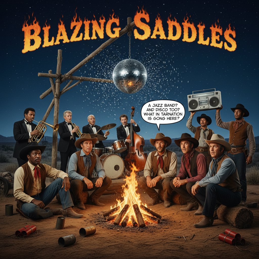 Iconic scene from 'Blazing Saddles' with actors breaking the fourth wall and challenging genre