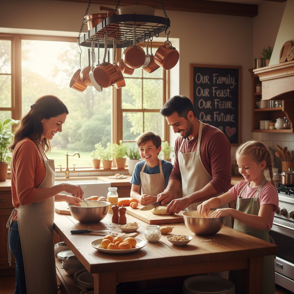 Zdjęcie rodziny patchworkowej gotującej razem w małej kuchni, nadzieja i współpraca