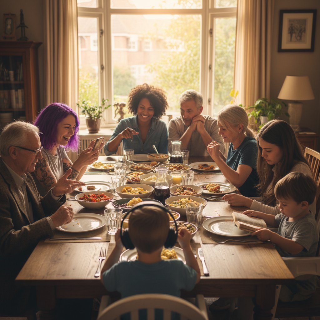 Zdjęcie polskiej rodziny przy stole, różne pokolenia, wyczuwalna różnica i współistnienie – patchwork na co dzień