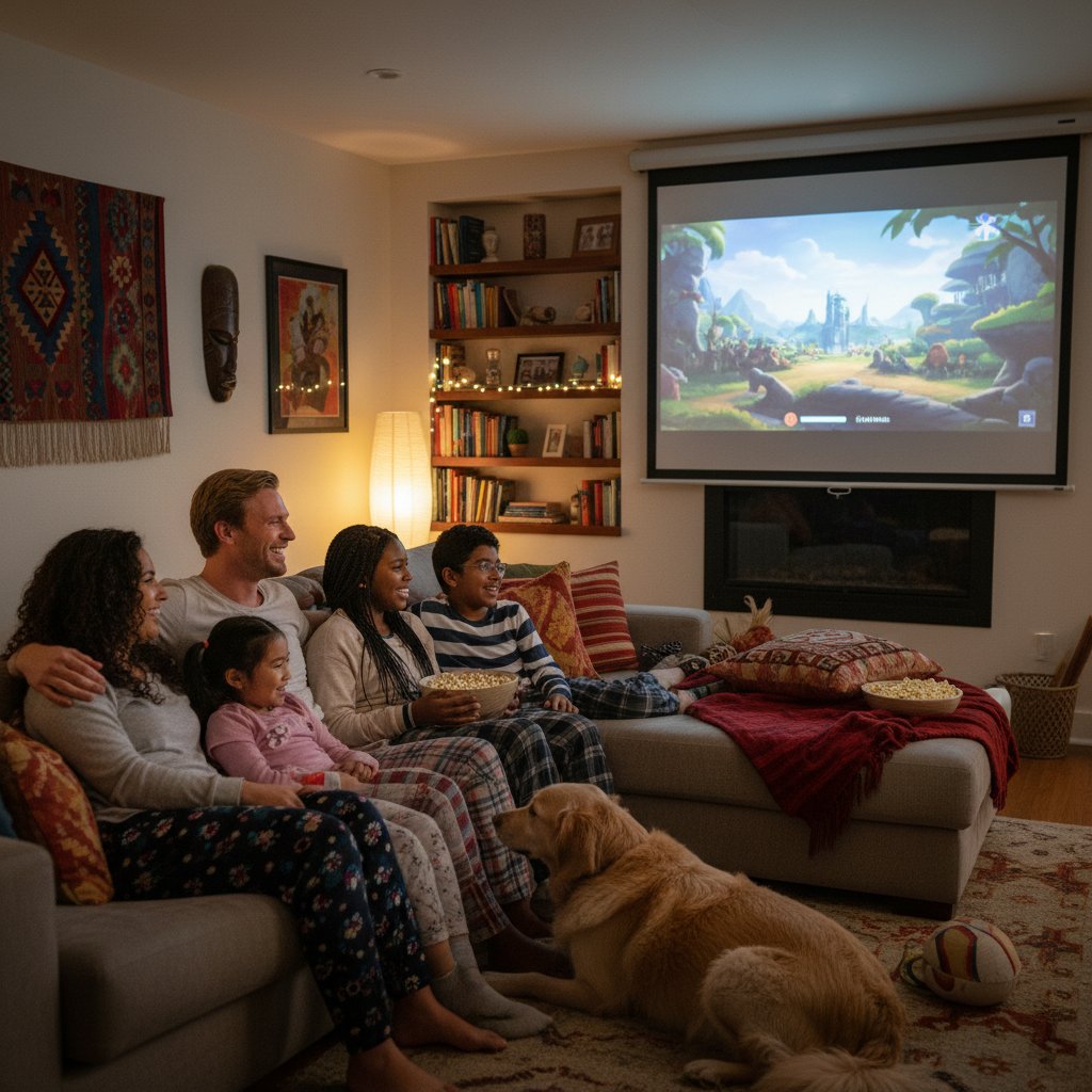 A blended family choosing a movie together, representing diversity in family movie night tastes and traditions.