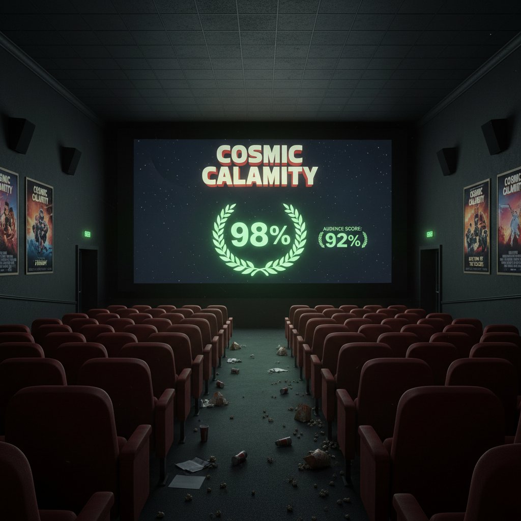 Dramatic photo of empty movie theater with flashy film posters — blockbuster flop, high scores