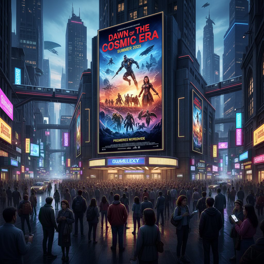Massive movie poster outside a multiplex, crowded urban scene, cinematic style